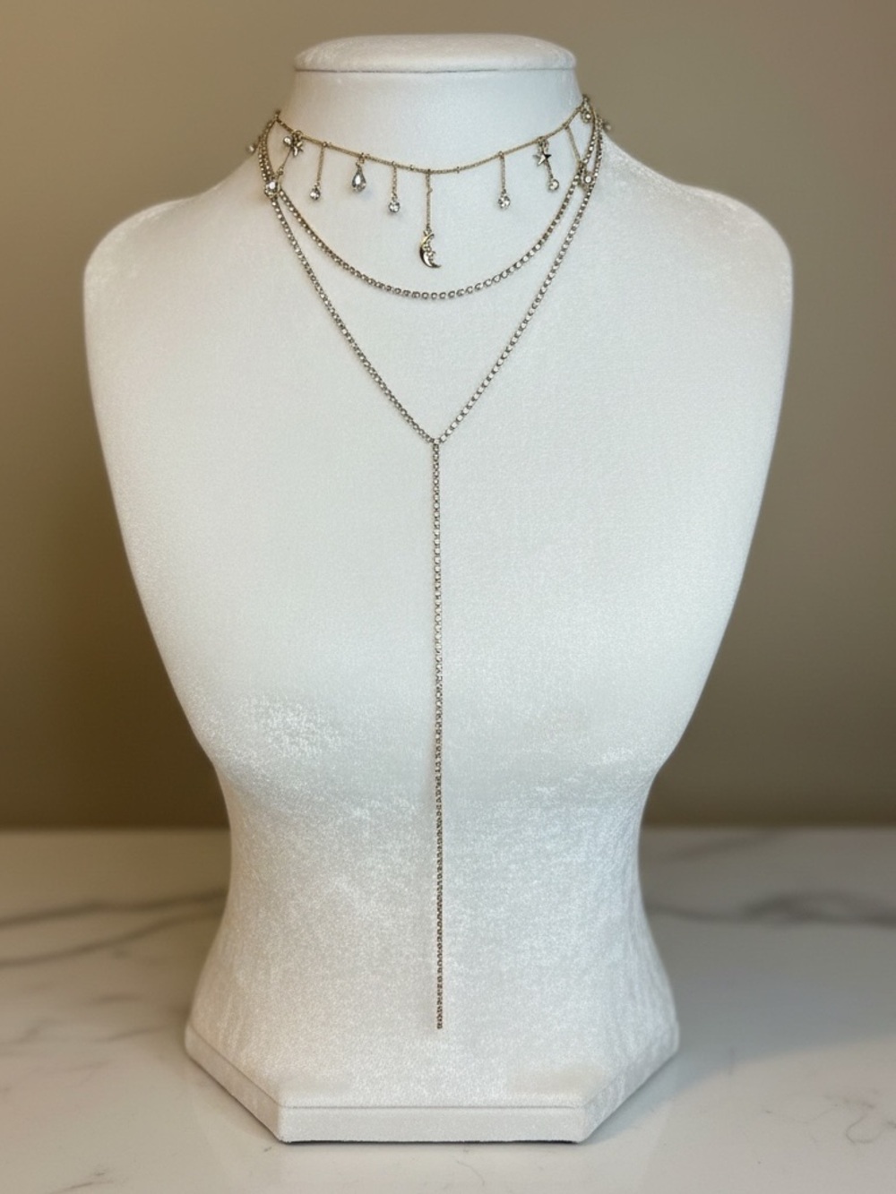 Gold Layered Lariat Necklace with Crystal Drops and moon charms